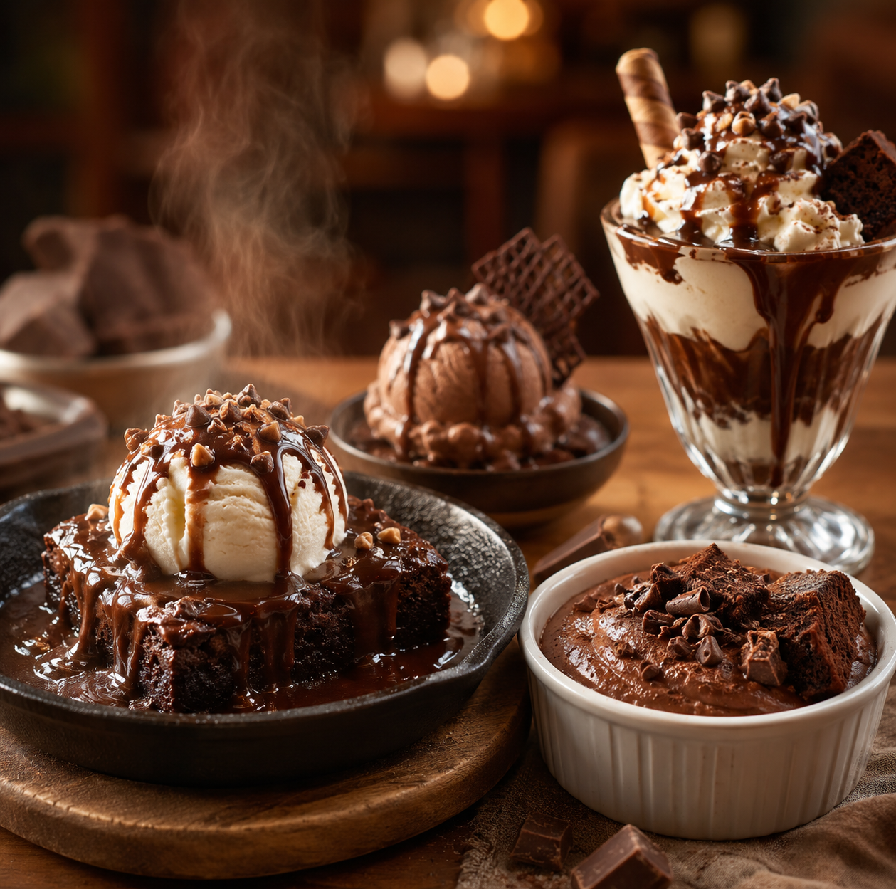 Chocolate brownie and ice cream desserts