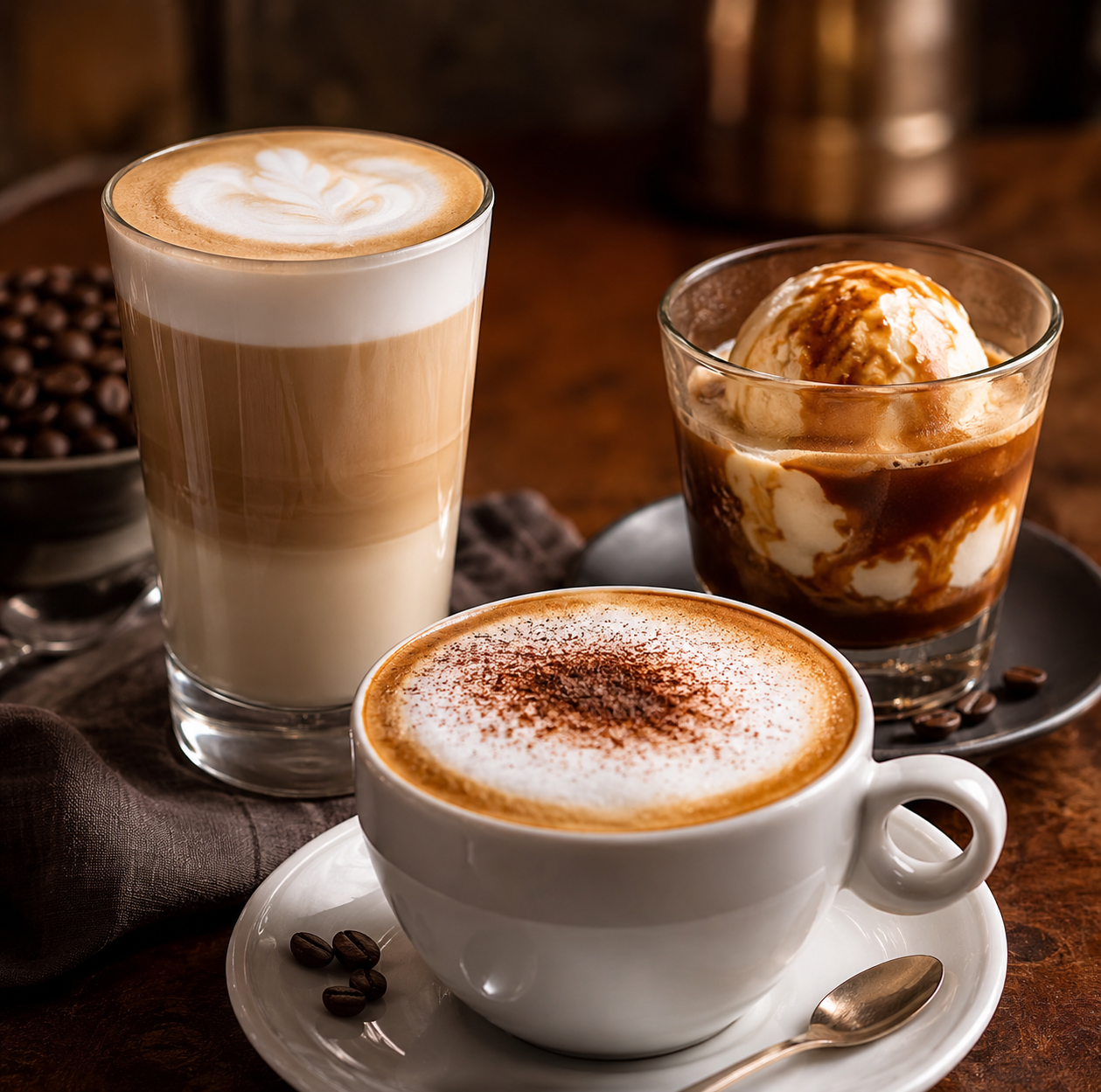 Hot beverages including cappuccino and cafe latte